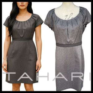 Tahari Grey Pleated Scoop Neck Cap Sleeve Ribbon Waist Sheath Midi Dress (12)